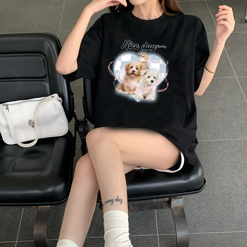 Print T-shirt Kaos Lengan Pendek Cartoon Blue Dog Baju Wanita Korean S