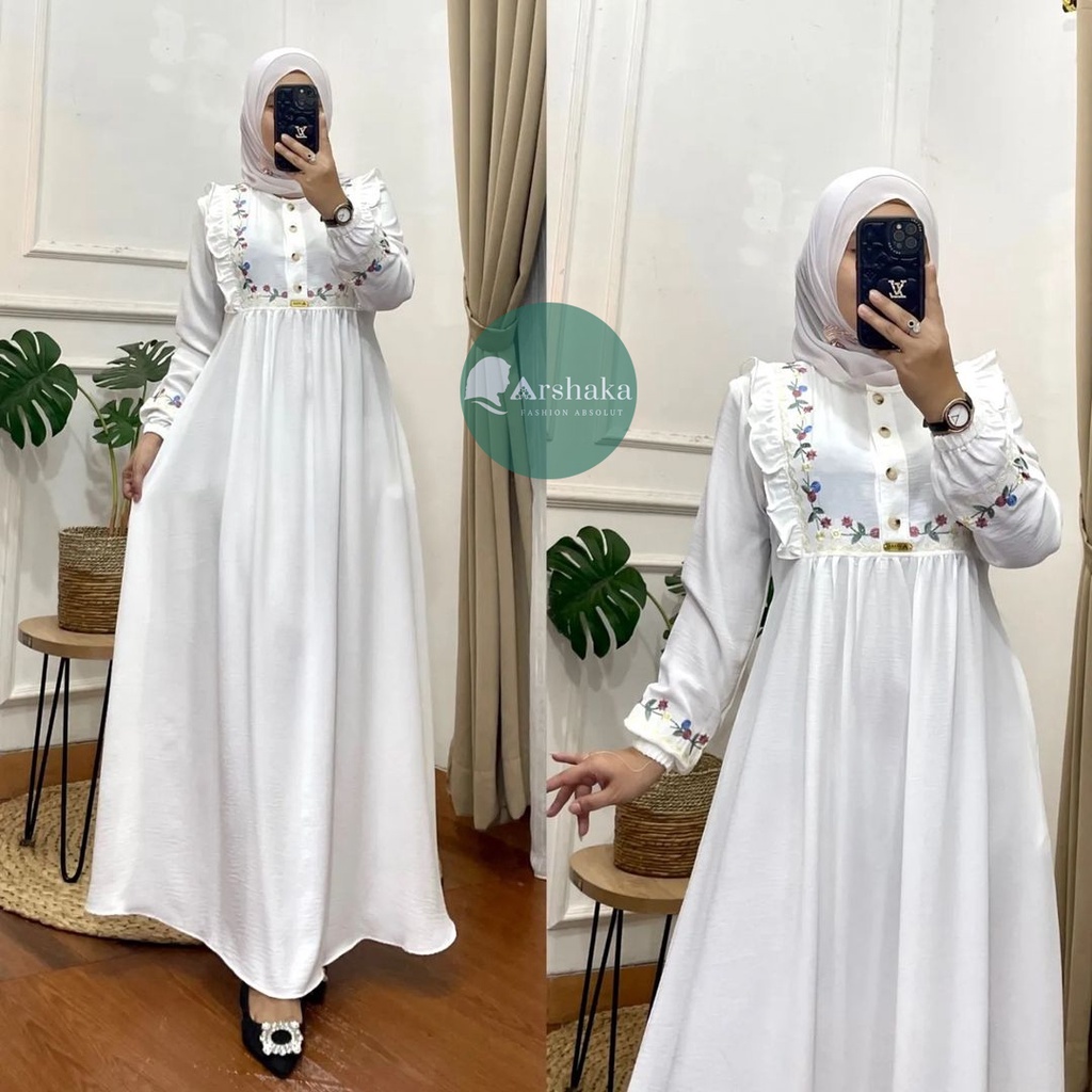 Zalfya Dres Gamis Crinkle Airflow Premium Variasi Bordir Bunga Cantik