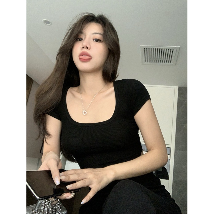 GirlWish Fashion Korean Sexy Crop Top U-Neck Kaos Atasan Sexy Crop Wanita 445