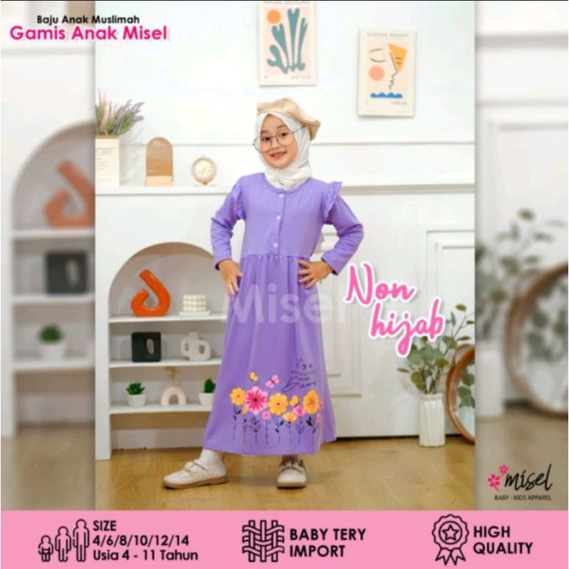 Gamis anak warna LILAC harian misel non hijab bahan babytery import premium 4-10th