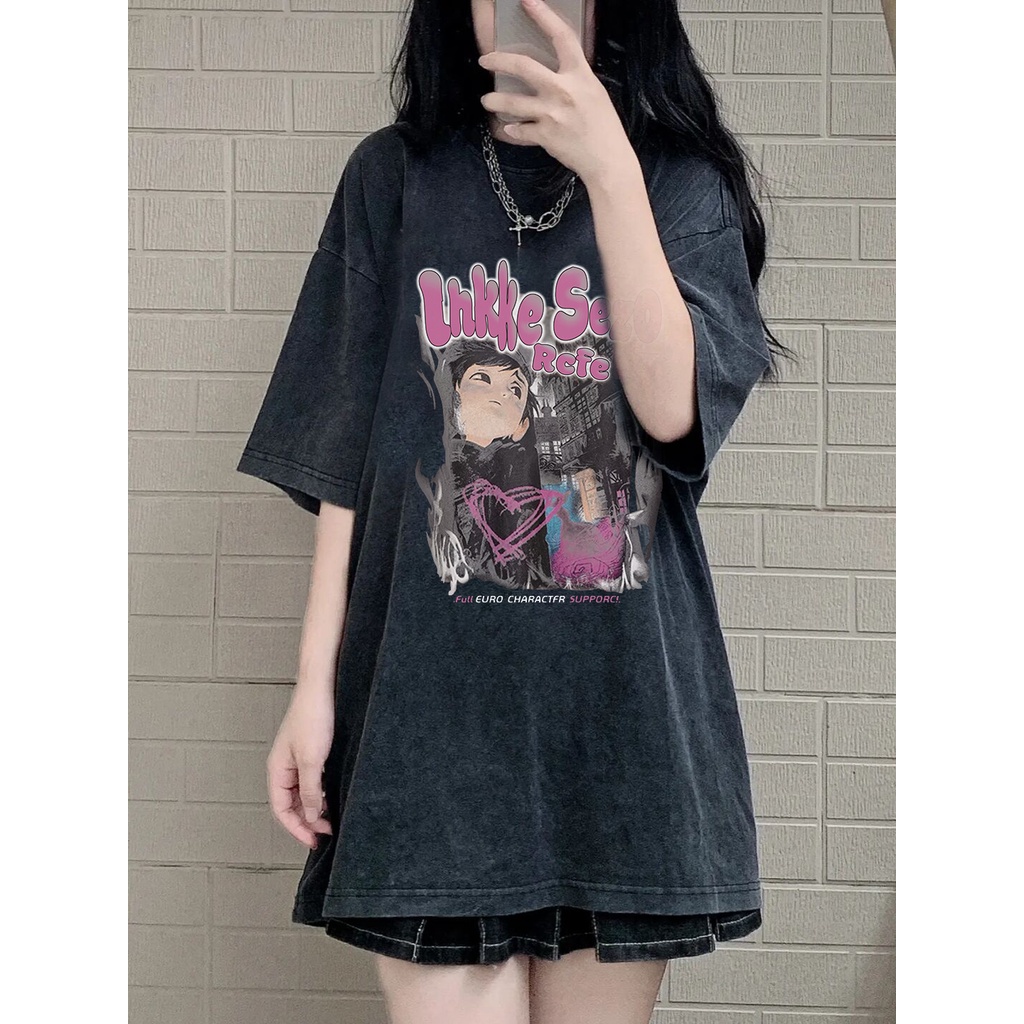 EUNII T-shirt Lengan Pendek Black Washed Retro Anime Character Printing Korean Style/Kaos Atasan Wanita/Baju Wanita/Kaos Wanita