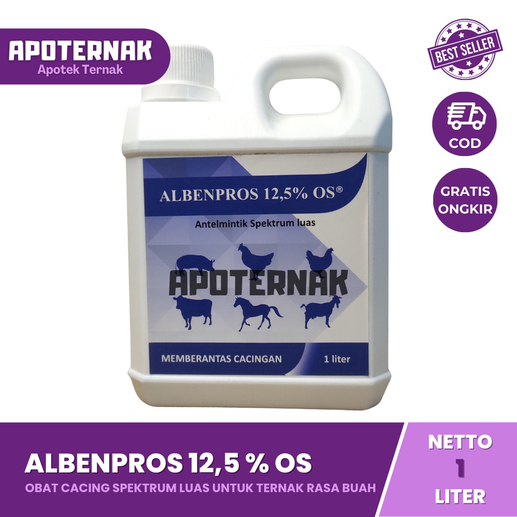 ALBENPROS 12.5% OS 1 Liter | Obat Cacing Ampuh Oral Untuk Sapi kambing Domba Unggas Rasa Blubery | Vadco