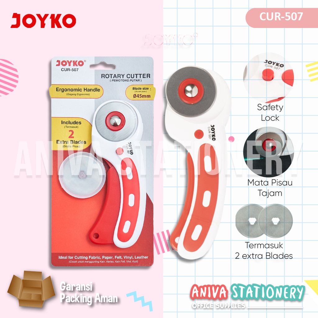 

JOYKO ROTARY CUTTER CUR-507 PEMOTONG LINGKARAN PUTAR KAIN KERTAS VINIL KULIT ANTI SLIP INCLUDE 2 EXTRA BLADES