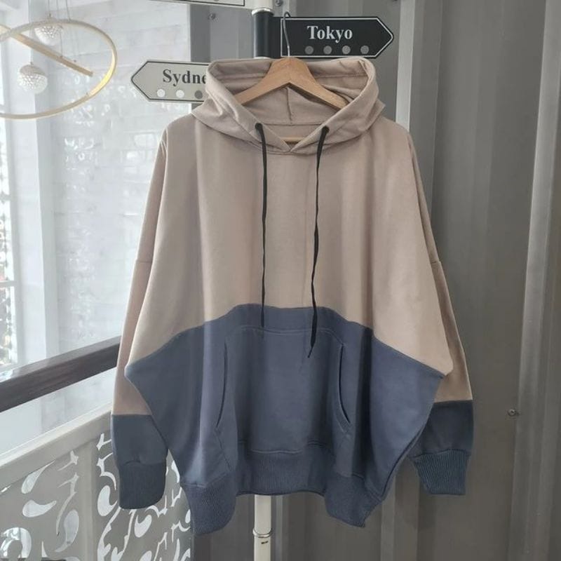 BATWING JUMBO 2TONE NATURAL HOODIE OVERSIZE - SWEATER HOODIE COMBINASI KOREAN STYLE