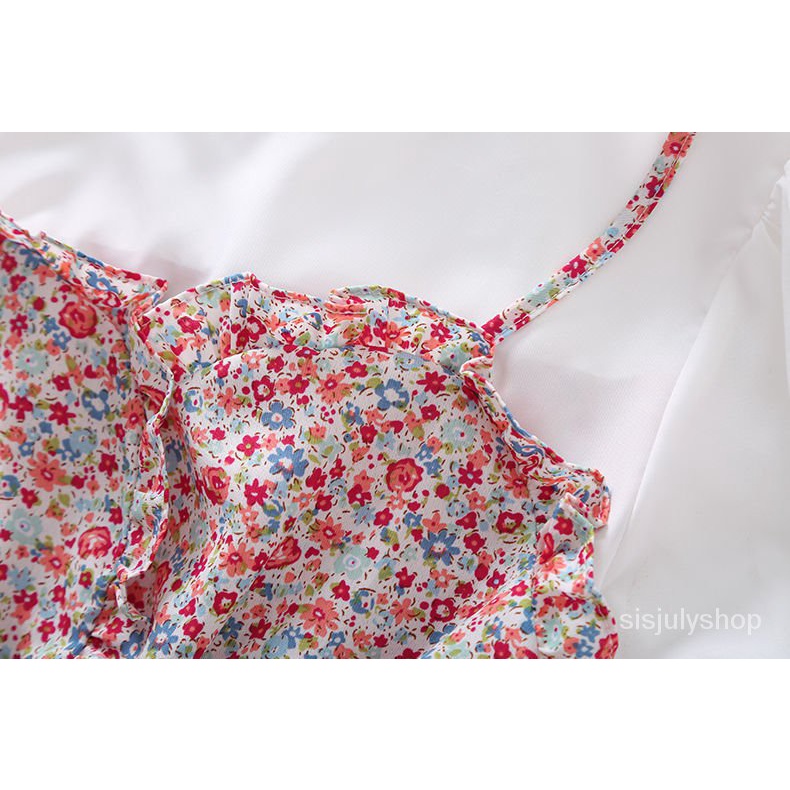 [✅BISA COD] #Sisjuly# Atasan wanita / baru palsu dua potong bunga leher bulat pinggang lengan pendek