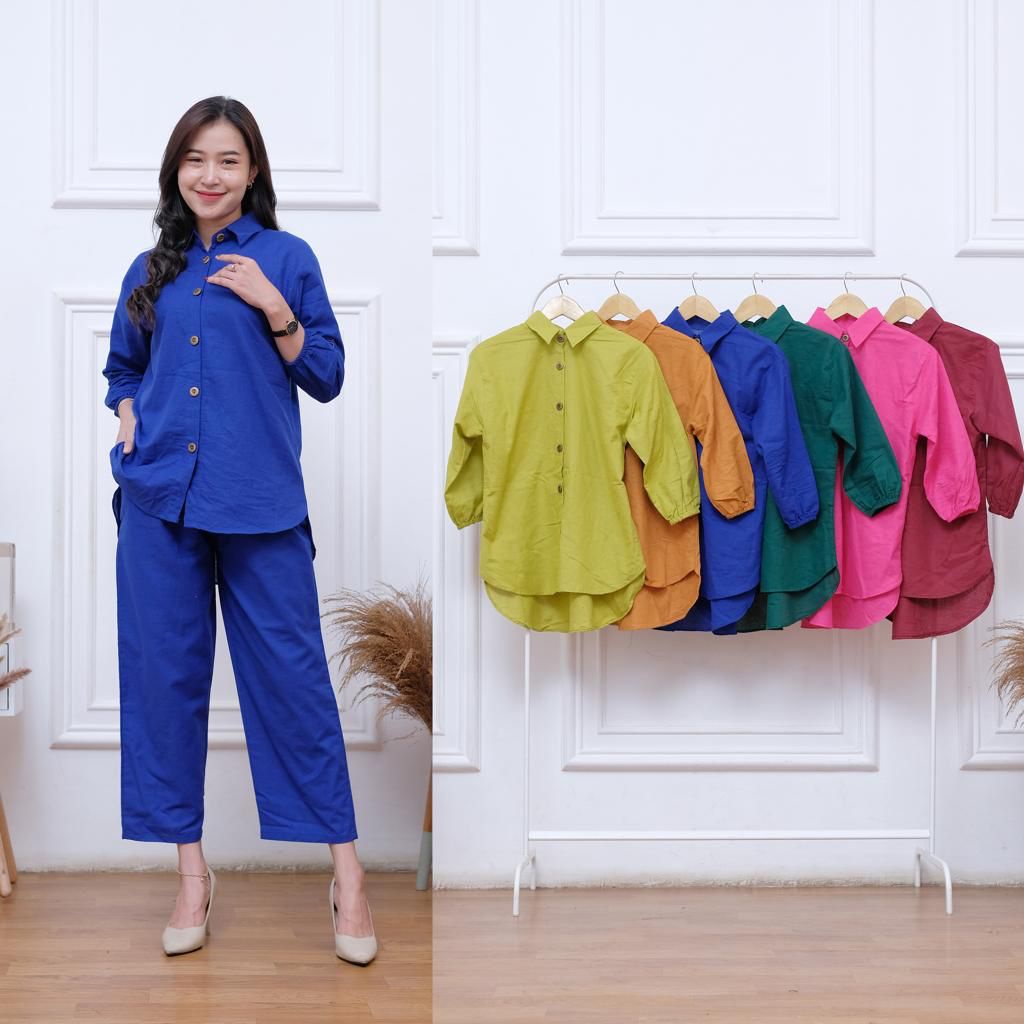 Setelan Wanita Atasan setelan kulot, ONE SET KEMEJA setelan wanita polos terbaru+Celana Kekinian KEMEJA set Linen one set terbaru KEKINIAN TERMURA SET KMEJA OVERSIZE