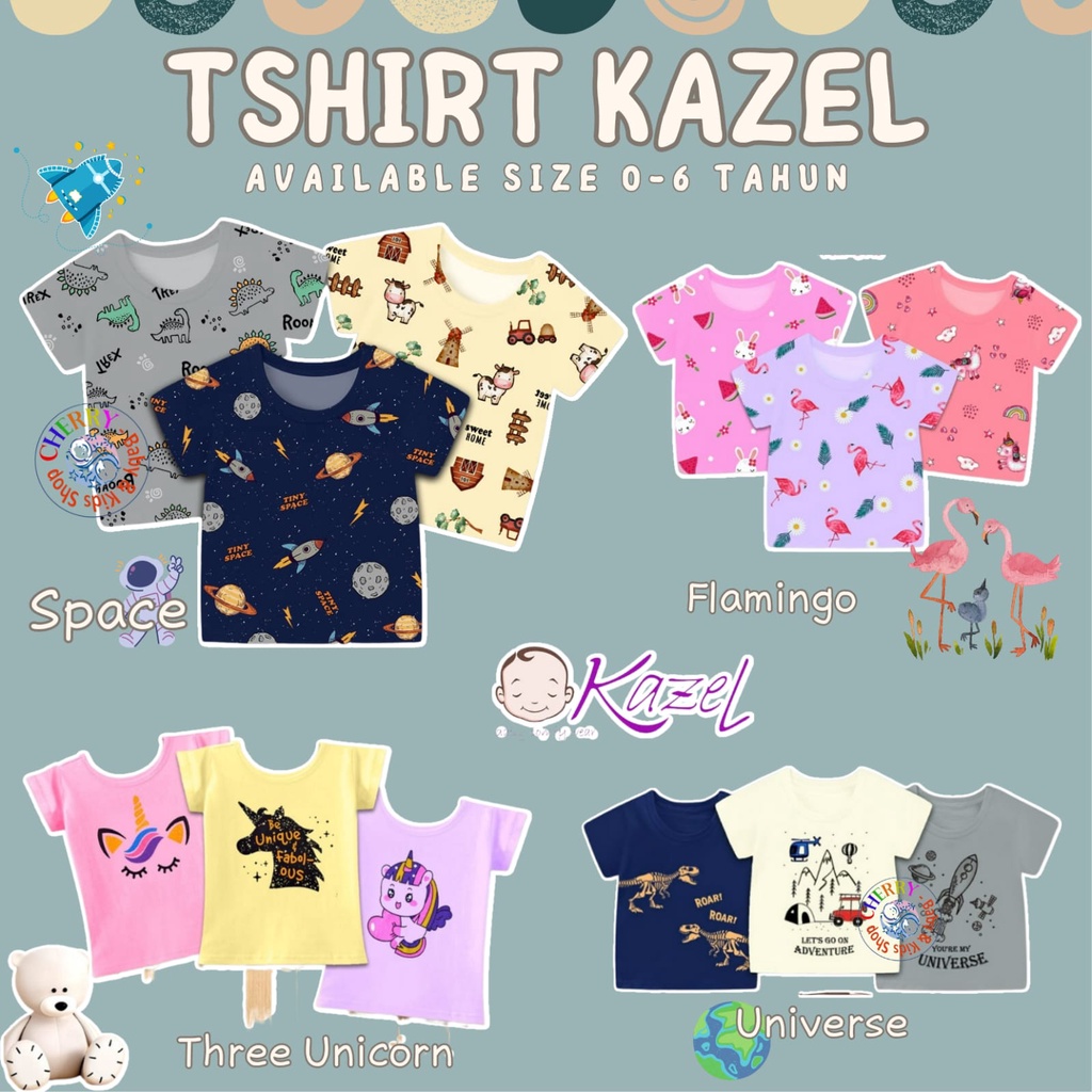 3pcs KAZEL TSHIRT 1-6 Tahun Oblong Birdie / Space / Summer / My Universe / Nusantara / Be Happy / Atasan Anak Laki-laki Boy Unisex CBKS