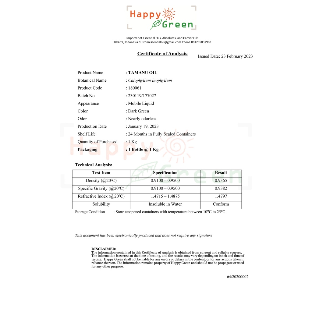 BPOM Happy Green Tamanu Oil (10 ml) - Minyak Tamanu Ben Oil Murni 100% Pure Garansi Uang Kembali !