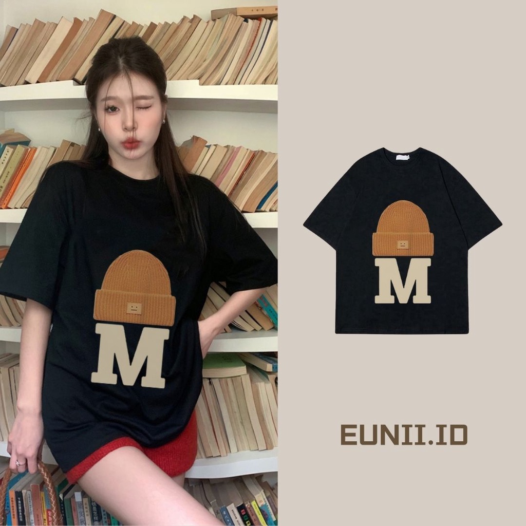 EUNII T-shirt Lengan Pendek Cartoon Hat Korean Style/Kaos Atasan Wanita/Baju Kaus Oversize Wanita/Kaos Wanita