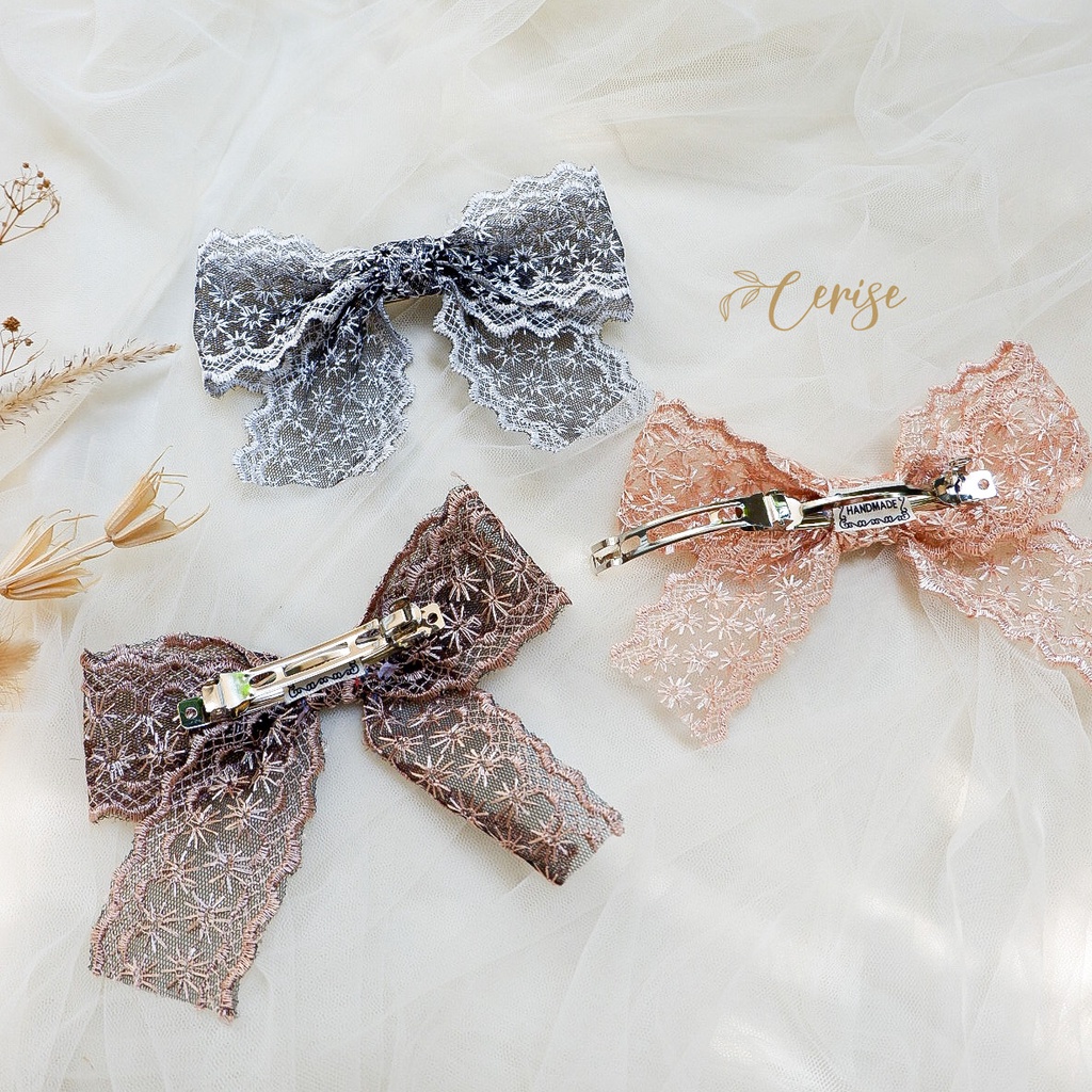 Emiko Hairpin | Jepit rambut pita lace korea hitam, coklat, cream untuk anak dan wanita dewasa cantik manis