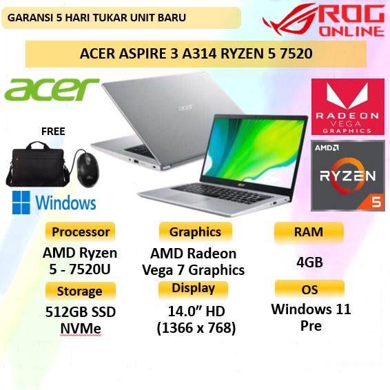 Acer Aspire 3 A314 Ryzen 5 7520 8GB 512GB SSD RADEON VEGA 7 Windows 11 14.0" - Laptop Acer Aspire