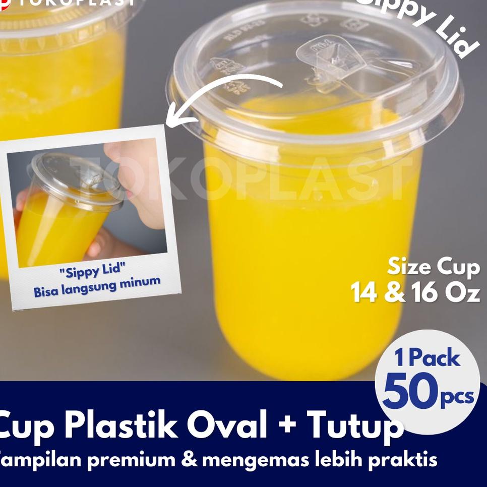 READY STOCK P22 GELAS CUP MINUMAN OVAL 12 - 14 -16 - 18 OZ CUP MINUMAN KEKINIAN PLASTIK PLUS TUTUP U