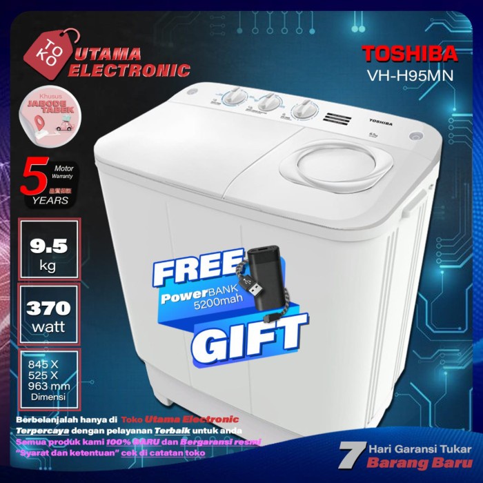 mesin cuci Toshiba 2 tabung 9,5kg VH-H95MN(ww) new