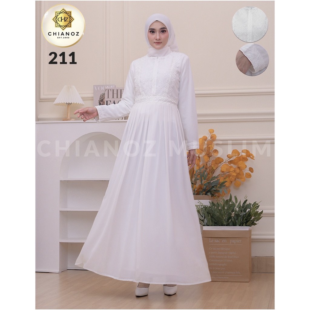 CHIANOZ Gamis Putih Mewah Siska Dress Brukat Renda Baju Lebaran Umroh Haji Manasik Pesta Akad 211 912