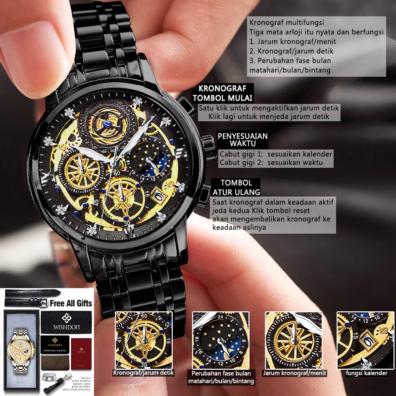 DISKON WISHDOIT Jam Tangan Pria Asli Anti Air Baja Tahan Karat Bisnis Bercahaya Kronograf Fashion