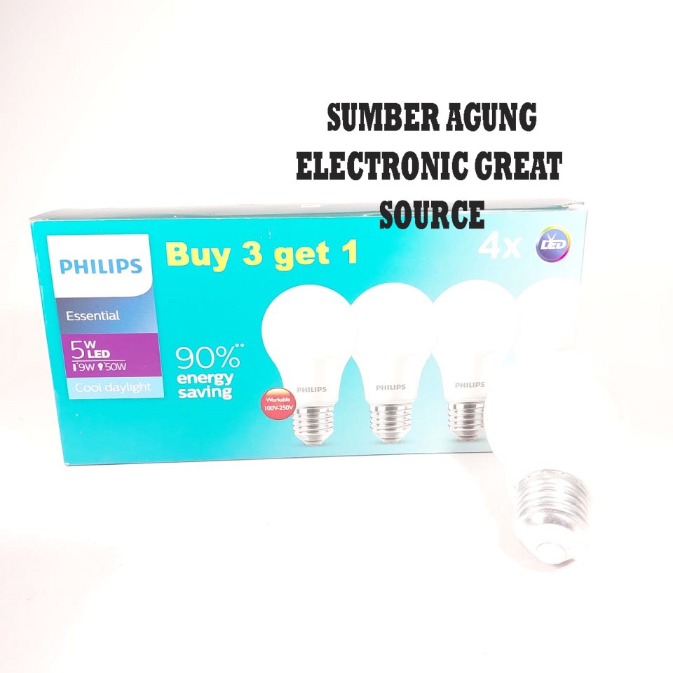 Philips LED Essential 5W Buy 3 Get 1 Paketan isi 4 Cahaya Dus Biru Muda