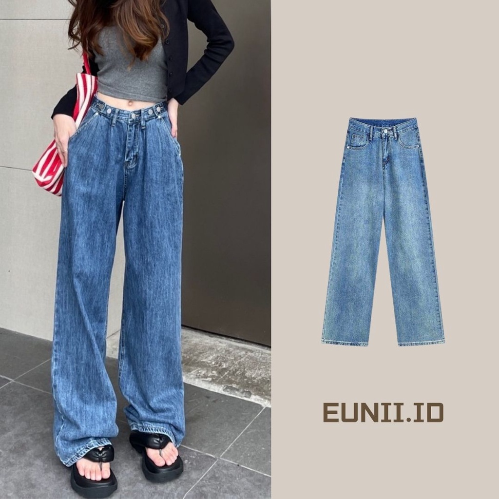 EUNII Celana Jeans Wanita Boyfriend Celana Panjang Straight Loose High Waist Jeans Korean Style