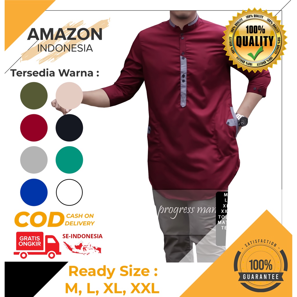 Baju Koko Kurta Dewasa Lengan 3/4 Warna Maroon Material Catton Toyobo Adem Serap Keringat