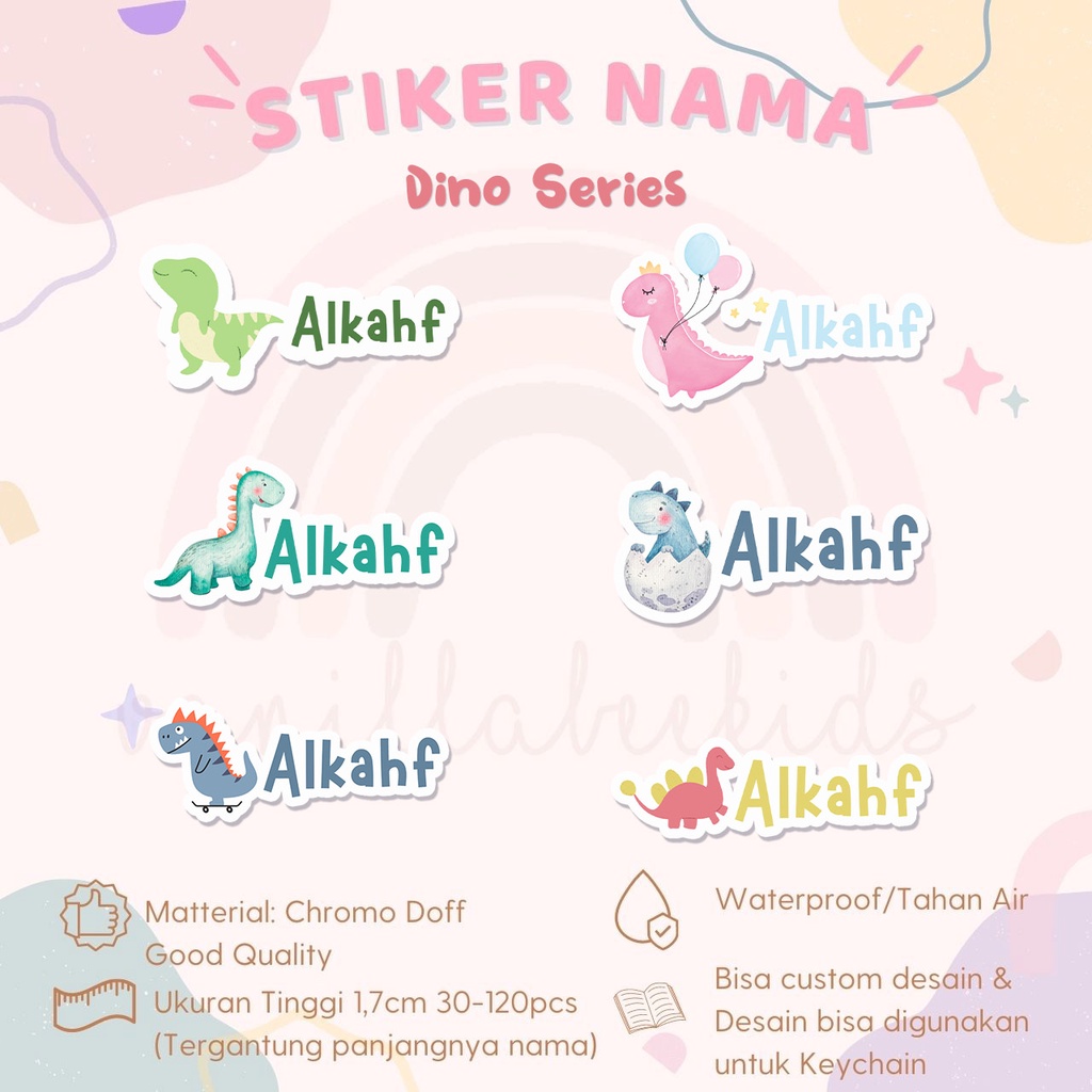 

Stiker Nama Dinosaurus Label nama Waterproof tahan air kiss cut