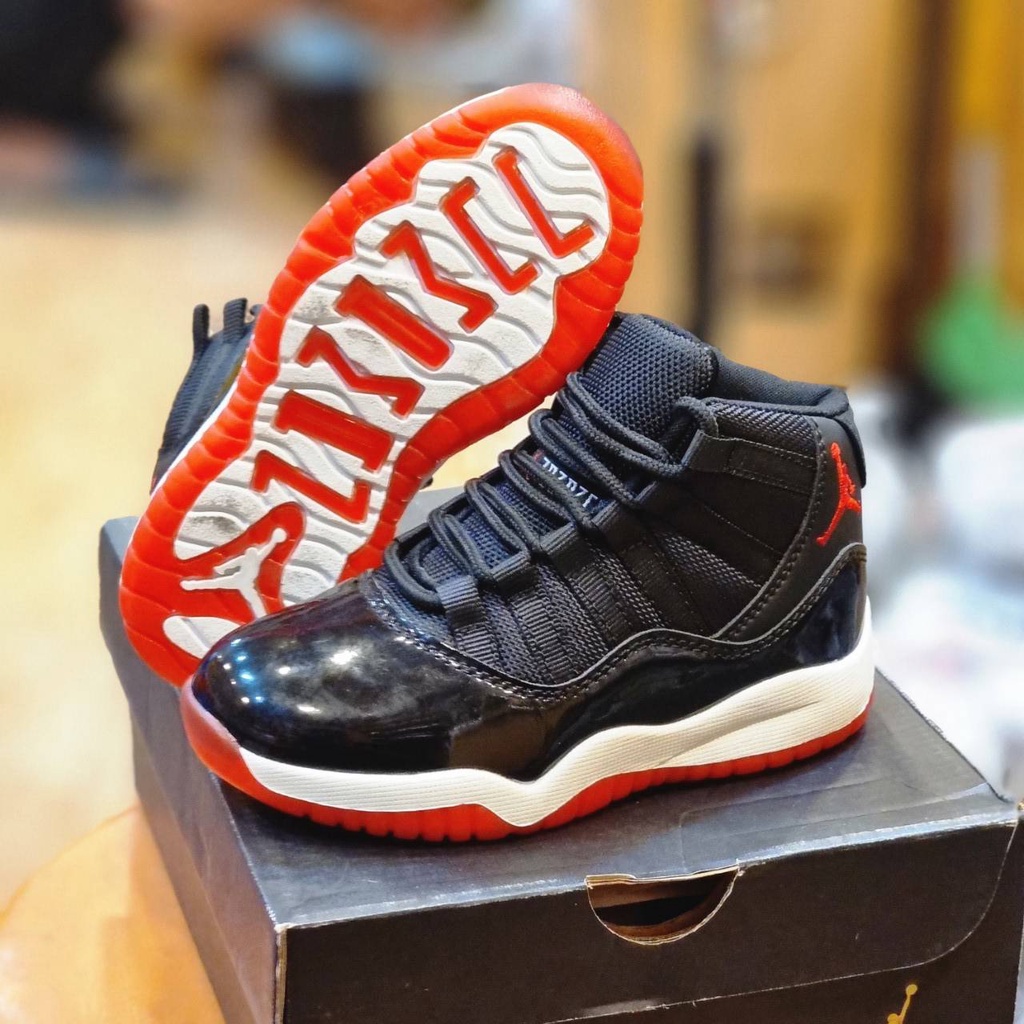 SEPATU AJ 11 HIGH BLACK RED MIRROR KIDS
