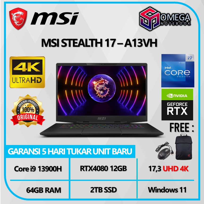 MSI Stealth 17 Studio A13VH i9 13900H 64GB 2TB SSD RTX4080 12GB 17,3 UHD Windows 11