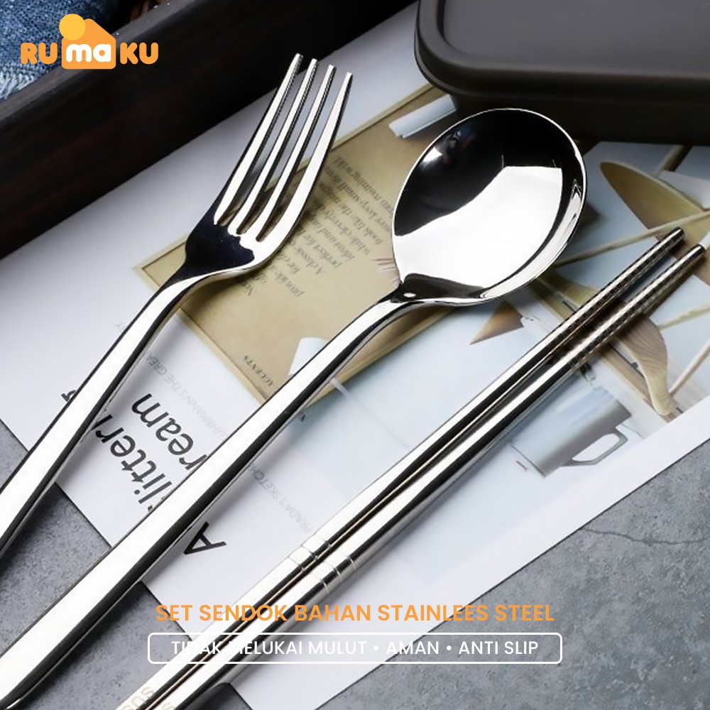 Rumaku Sendok Set Alat Makan 3 pcs Bahan Stainless Steel 304 Tebal Sendok Garpu Sumpit Set dengan Kotak