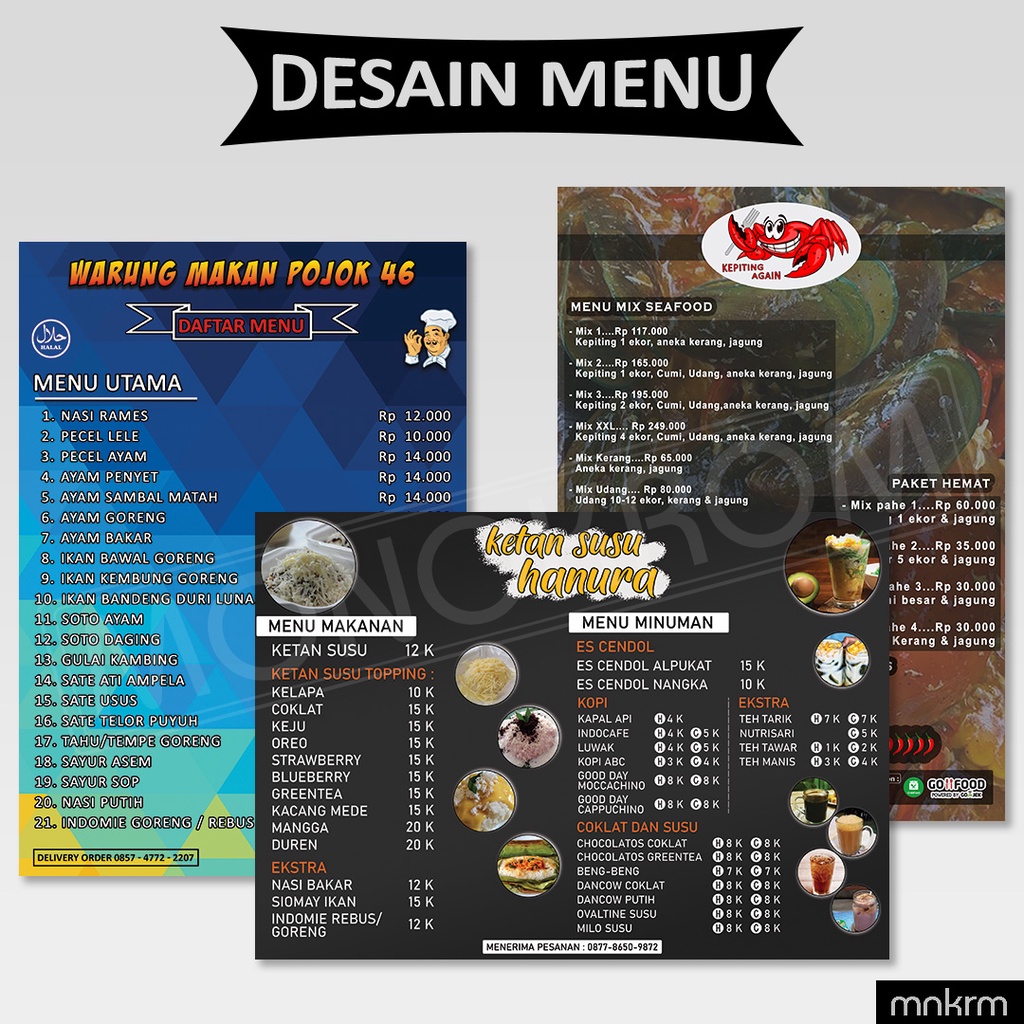 

JASA DESAIN MENU | DAFTAR HARGA MAKANAN / MINUMAN / SALON / PULSA