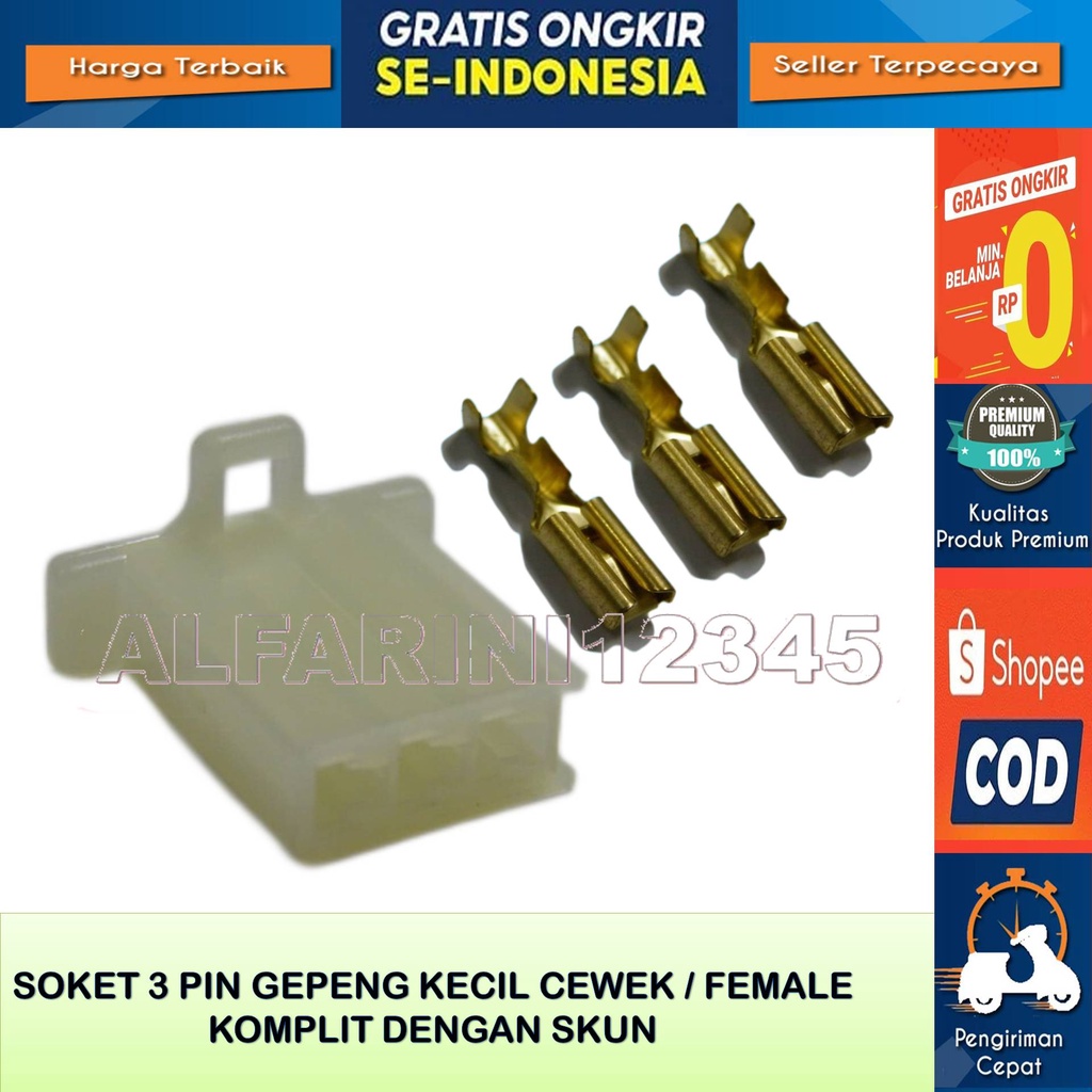 Soket Kabel Gepeng 3 Pin kecil Cewek Female Original Komplit Dengan Skun Bahan Nylon Tahan Panas Bua