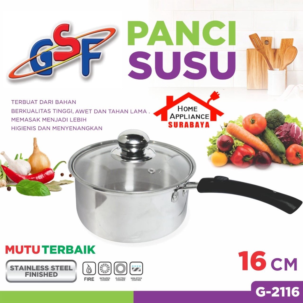 Panci Susu - Mie - Sop Serbaguna / Milk Pot Pan STAINLESS STEEL + Tutup Kaca 16CM 18CM / 20CM GSF