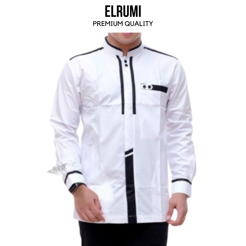 El Rumi Baju Koko Pria Lengan Panjang Motif Katulistiwa Warna Putih
