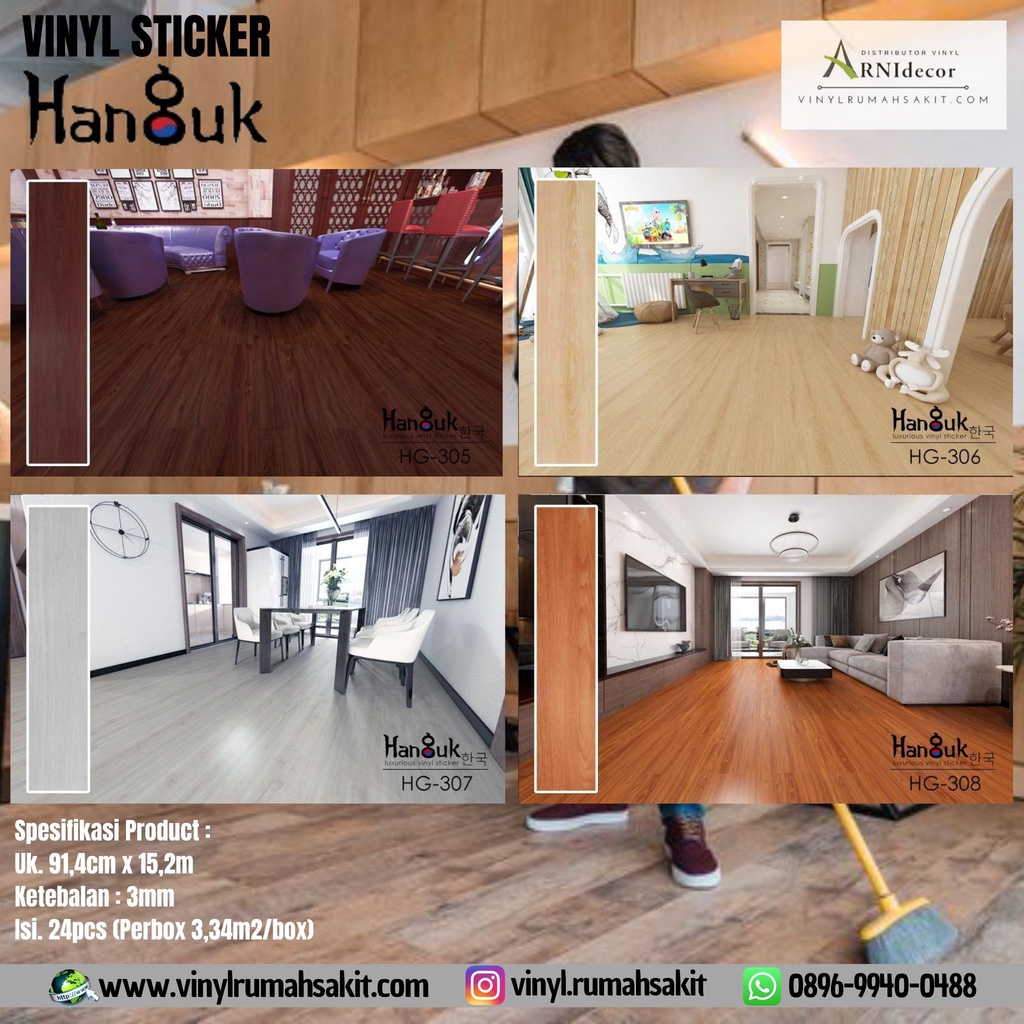 Lantai Vinyl Plank Sticker Hanguk Tebal 2mm - Motif Kayu Harga @m2