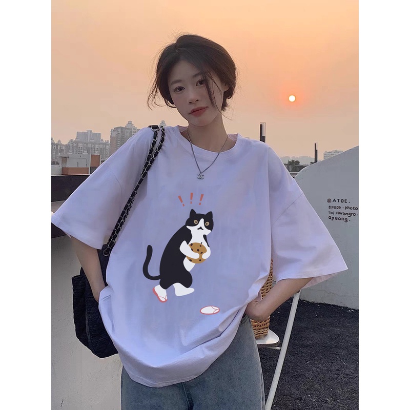 Korean Style Cute Cat Kaos Putih Atasan Wanita Lengan Pendek Oversize Printed T-shirt Baju Wanita Kekinian