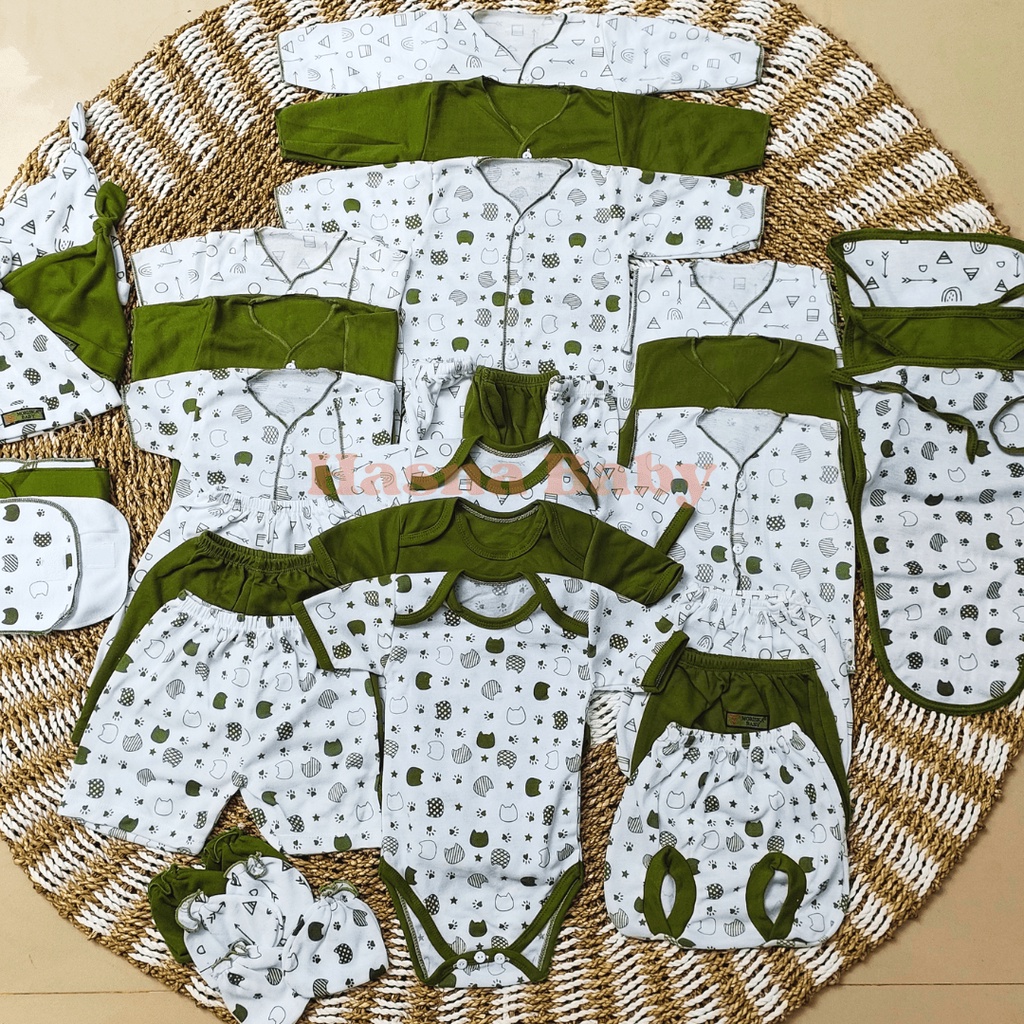 36 Pcs Paket Lahiran Lengkap SNI Baju Bayi Celana Bayi Baru Lahir seri Olive Karakter Lucu, Sartaki, Jumper, Popok Tali, Baby Newborn Gift Set Paket Brojol-Juragan Lebak