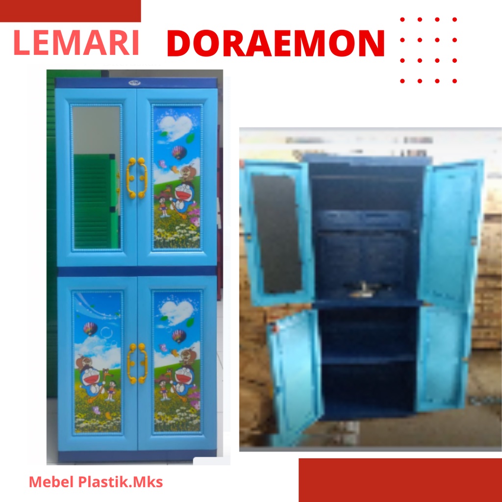 Lemari Pakaian Plastik 4 Pintu Doraemon "Ivory" Kaca + Kunci - Gantung lipat