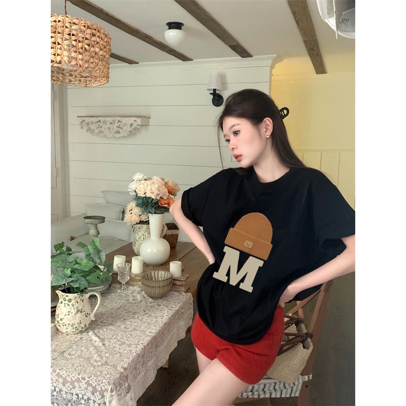 EUNII T-shirt Lengan Pendek Cartoon Hat Korean Style/Kaos Atasan Wanita/Baju Kaus Oversize Wanita/Kaos Wanita