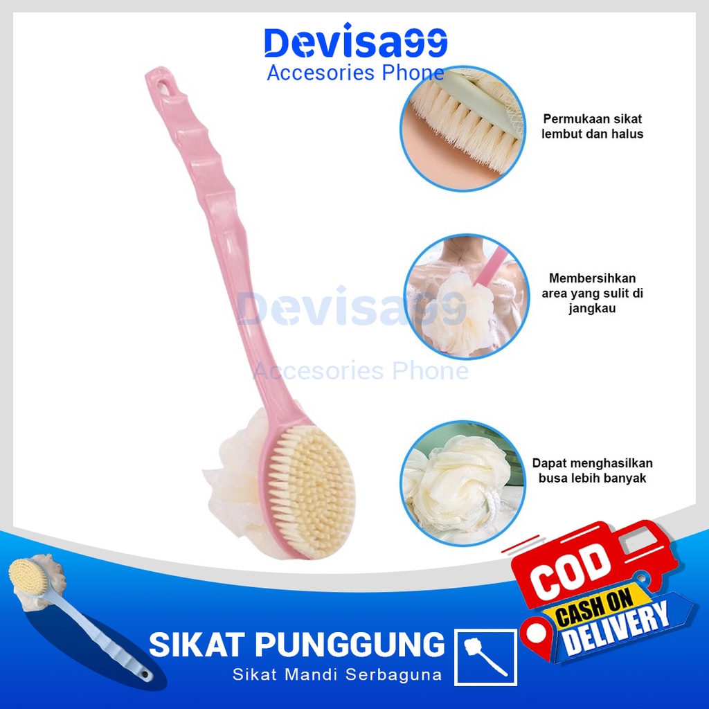 Sikat Punggung + Shower Puff 2in1 / Alat Bantu Pembersih Penggosok Badan 2 Sisi / Body Brush + Spons Double Side Long Handle / Tongkat Mandi Gagang Panjang Serbaguna Sponge Spon Busa Sabun