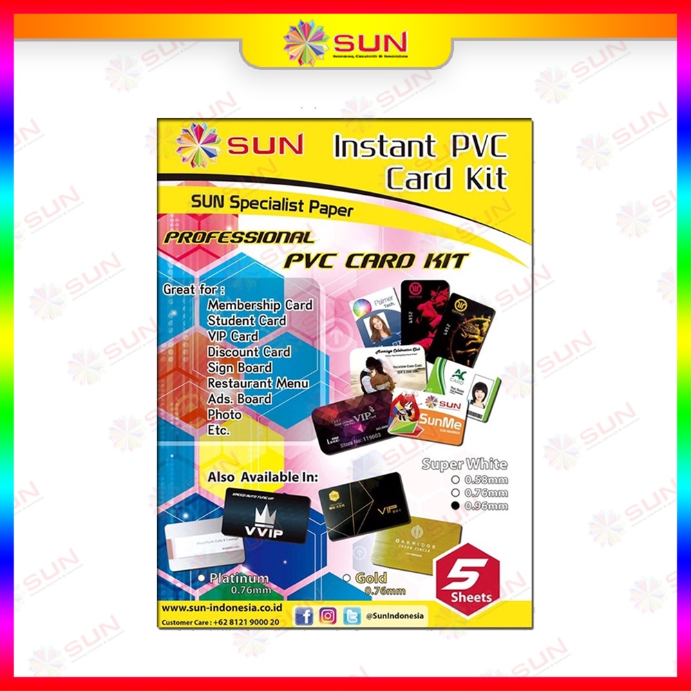 

PVC ID Card A4 PREMIUM - SUN Kertas PVC ID Card Super White 0.76/0.96, Silver/Platinum 0.76 (Isi 5 Lembar = 50 Card) ( Support epson/canon/hp/brother ori/dye/pigment/art paper ink - 664, 003, 673, 790, 810, BT5000, GT51 52, dll)