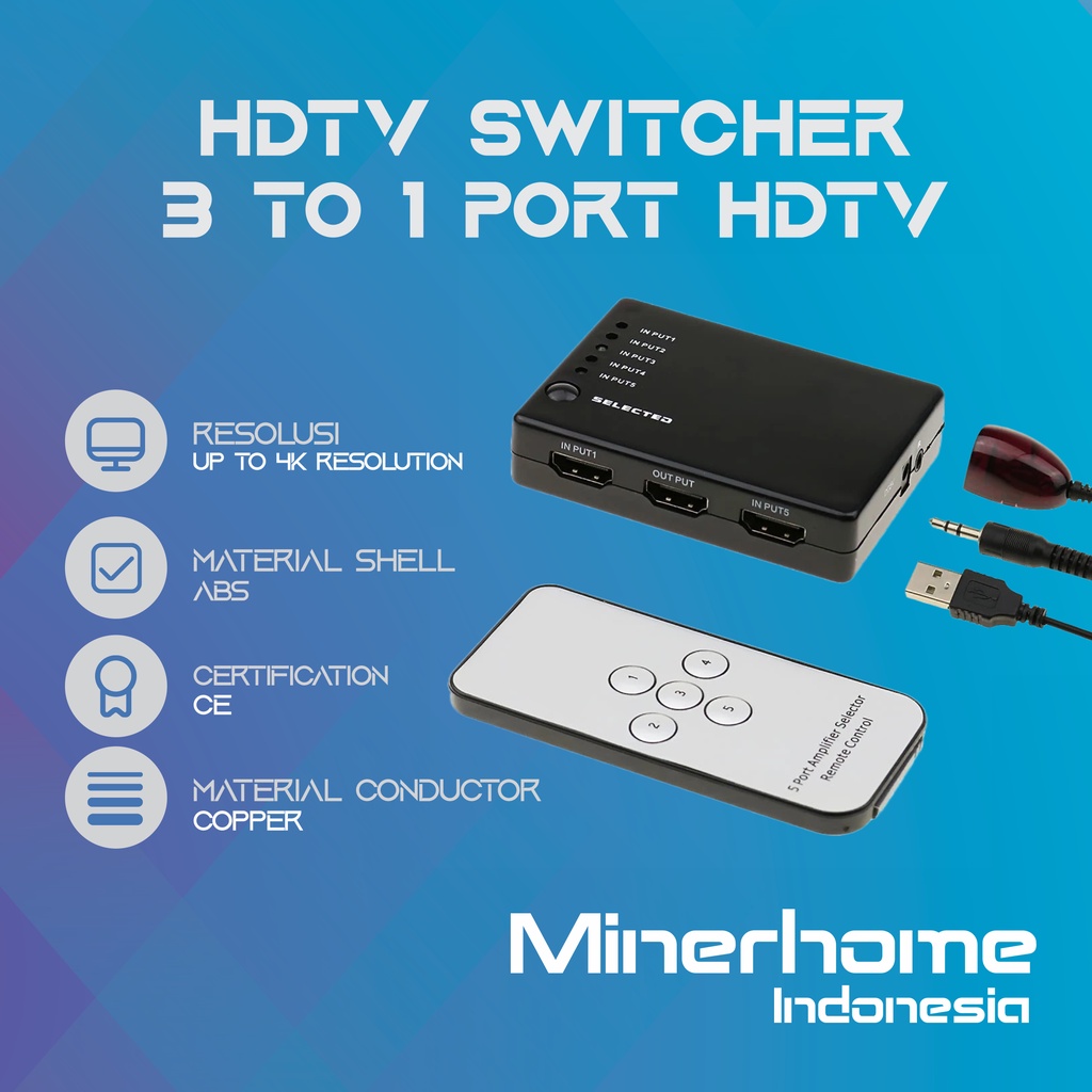 HDMI Switcher 3 In 1 Out 4K Ultra HD With Remote