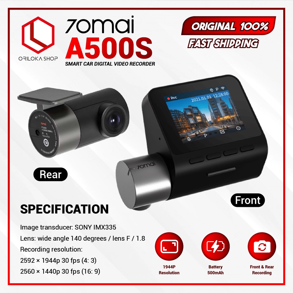 70mai A500S Smart Dashcam Pro Plus Rear Camera 1944P GPS ADAS