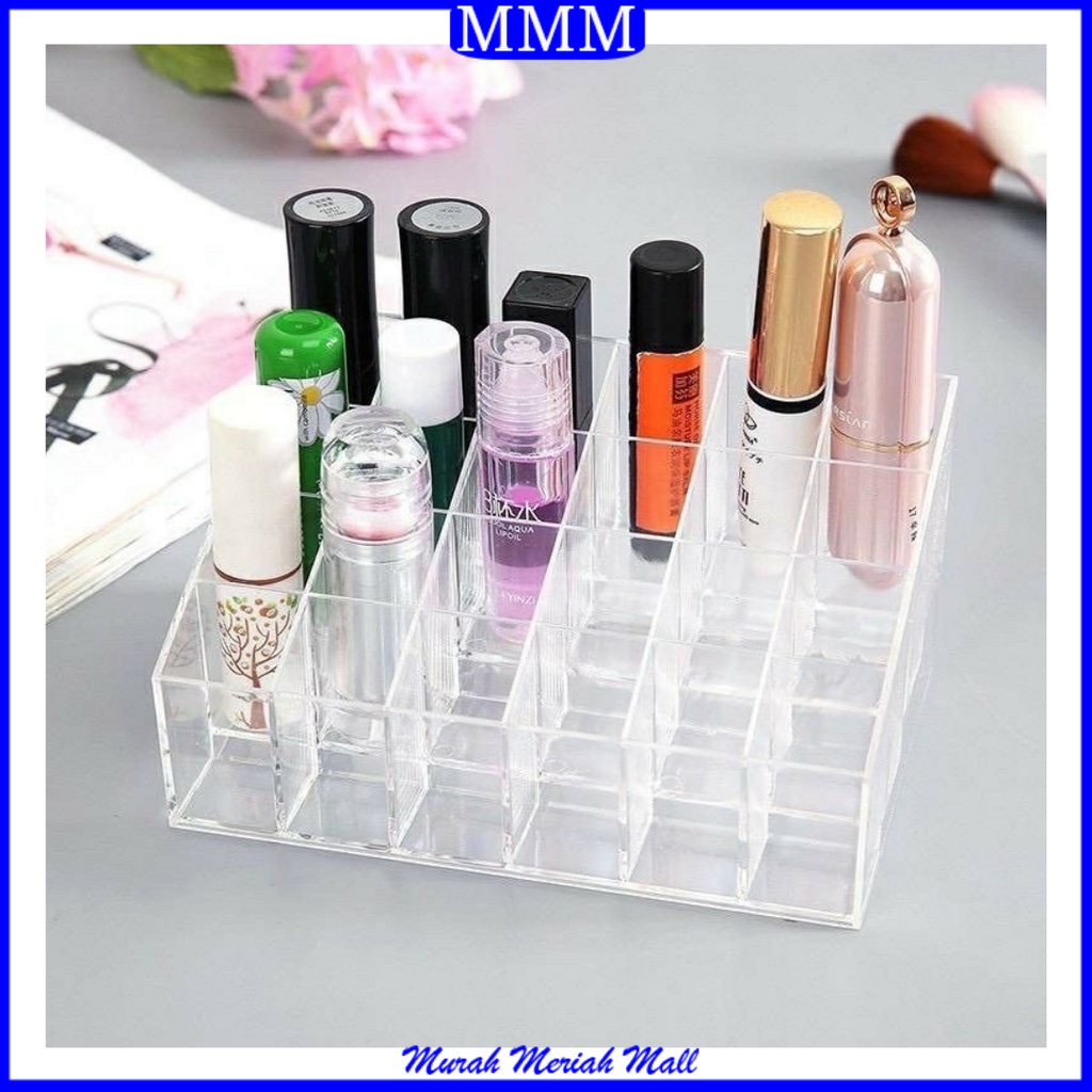 MMM Rak Lipstik Kutek Multifungsi Akrilik 24 SLOT Murah Tempat rak kosmetik tempat kuas tempat lipstik Rak Makeup Acrylic Murah