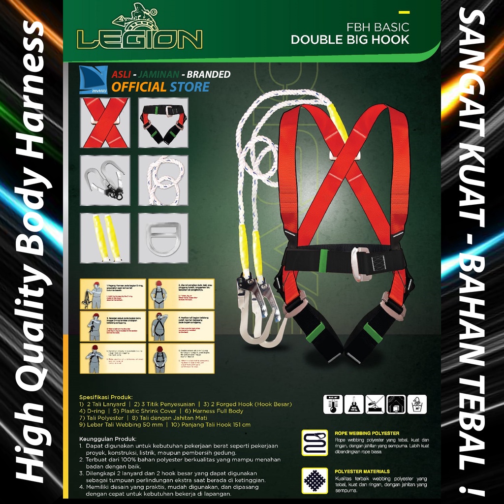 Tali Keselamatan Safety Webbing TANGGUH - Full Body Harness Double Big Hook LEGION