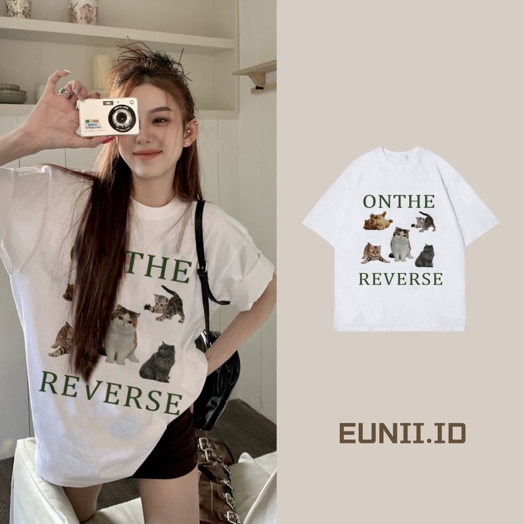 EUNII T-shirt Lengan Pendek Cartoon Cat Family Korean Style/Kaos Atasan Wanita/Baju Kaus Oversize Wanita/Kaos Wanita