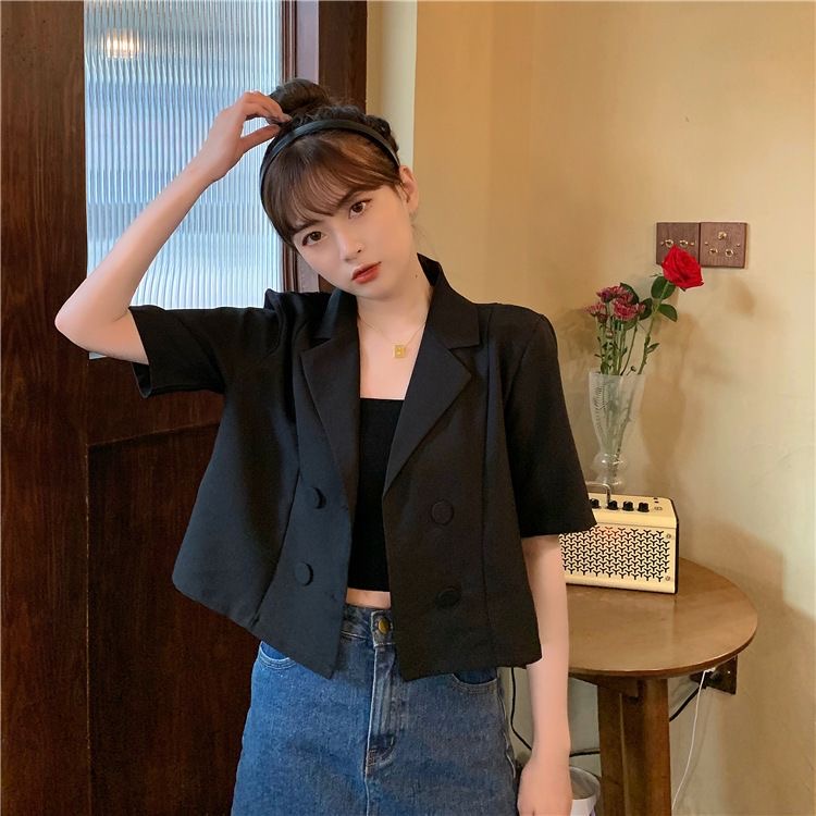 EUNII [3 warna]Jaket Crop Blazer Lengan Pendek Hitam Kasual untuk Wanita Korean Style