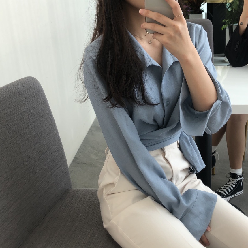 Korean Style Kemeja Lengan Panjang Wanita Polos Tidak Teratur Blouse