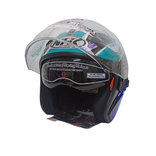 HELM NHK R1 SUBJECT BLACK TOSCA BLUE HALF FACE NHK R1 DOUBLE VISOR