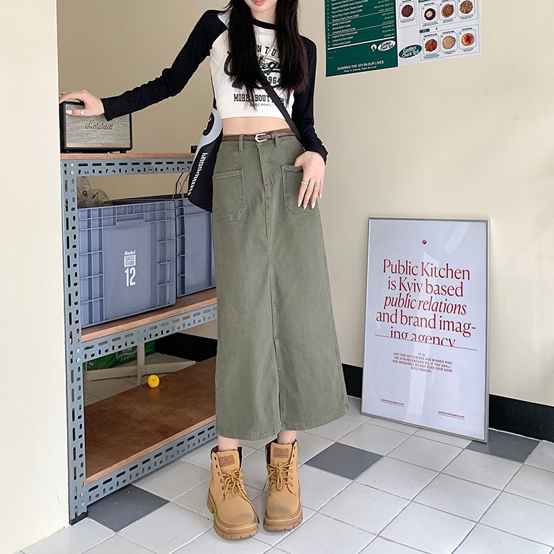 Red Rok Perkakas Celah Retro Wanita Temperamen Khaki Musim Gugur Lurus A-line Rok Pinggang Tinggi Ramping Rok Panjang Sedang