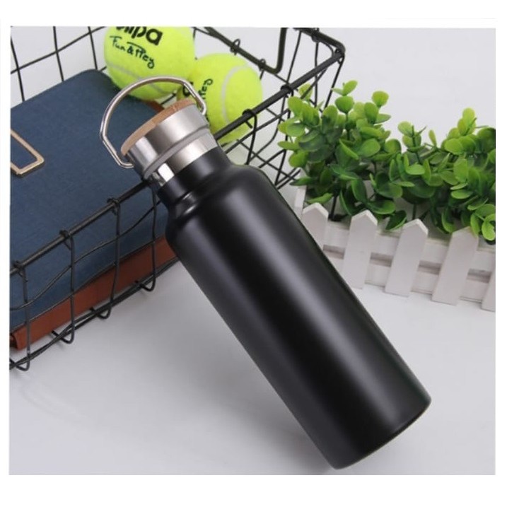 H599 [ HITAM ] Termos Tutup Bambu 500ml / Tumbler Stainless Steel Tahan Panas ( H-599 )