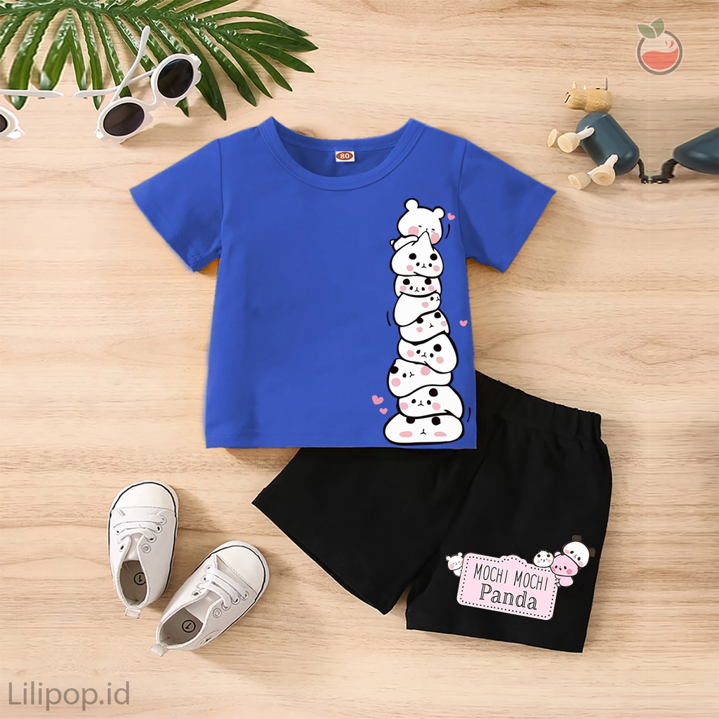 Baju Anak Stelan Kaos 3/4  MOCHI PANDA Cowok Cewek  Usia 1 - 4 Tahun Celana Pendek Harian