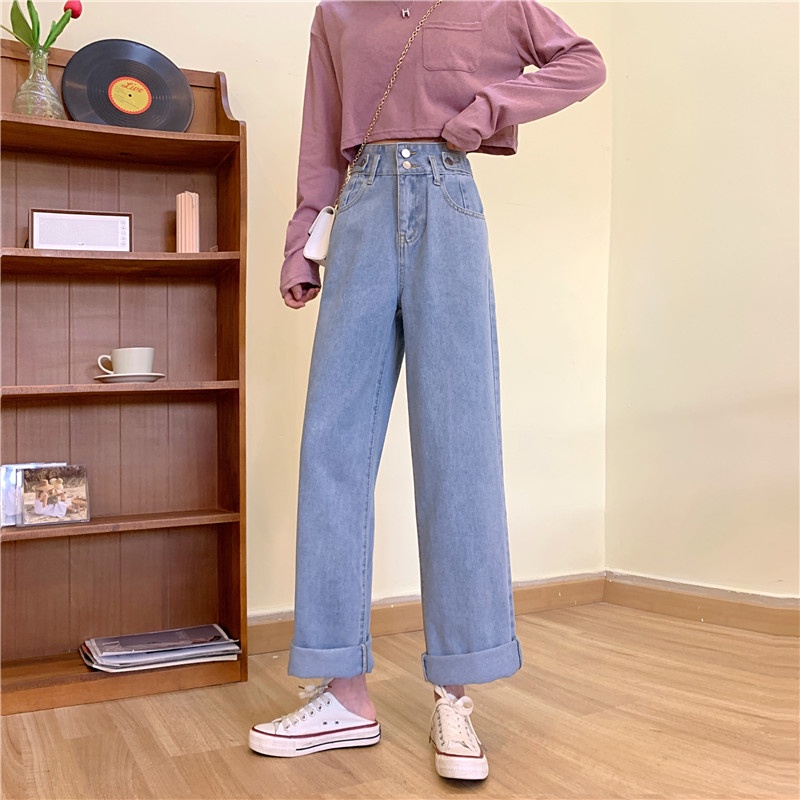 EUNII Celana Panjang Jeans Wanita Boyfriend Loose High Waist Korean Style Jeans