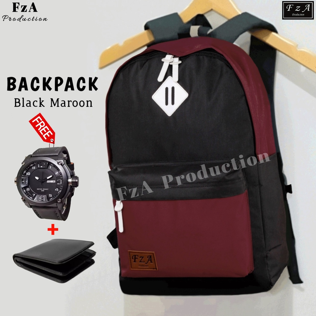 FzA Official - Tas Ransel Gendong Laptop Distro Sekolah Kuliah Pria Wanita Backpack Murah Original Tas Punggung Laptop - Black Maroon